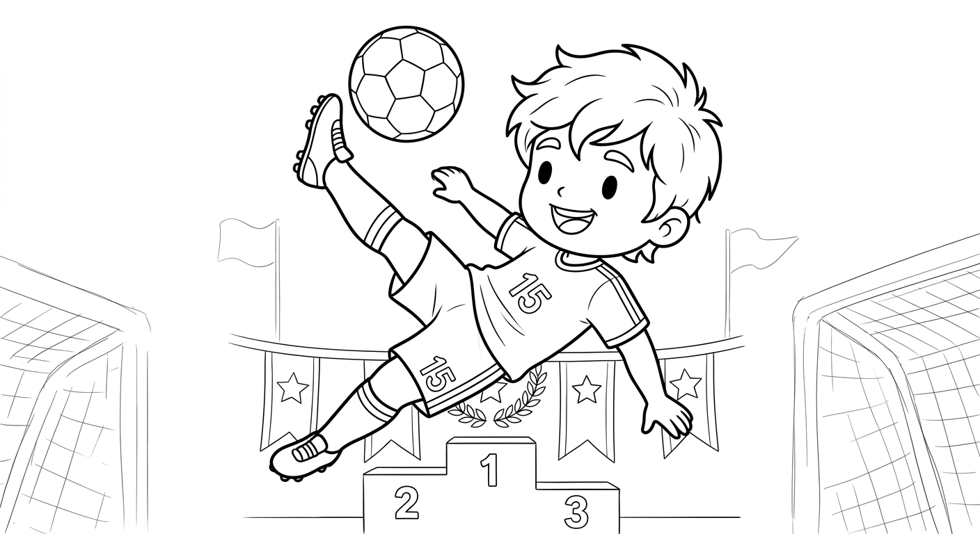 Desenho para colorir do zagueiro Leo Pereira fazendo bicicleta acrobática no pódio de premiação para pintar