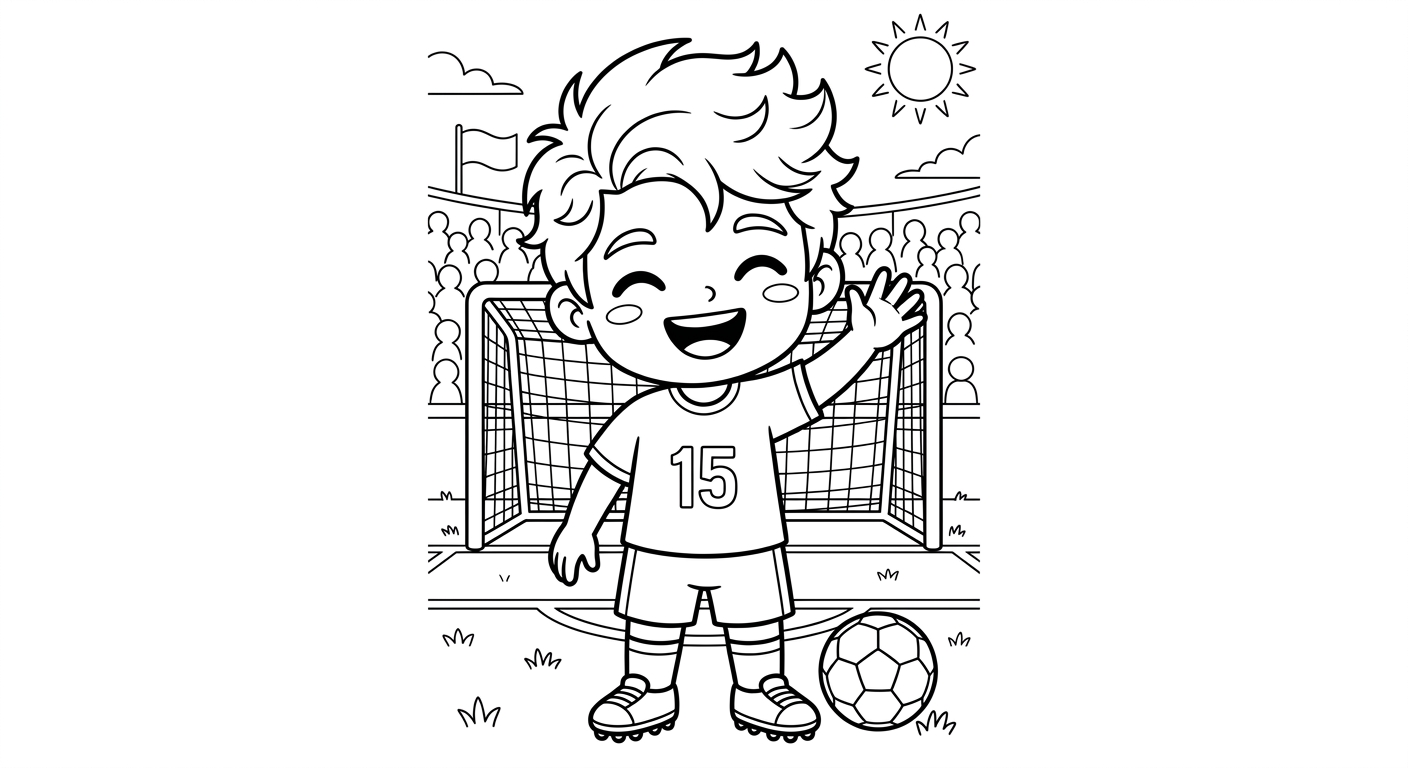 Desenho para colorir do zagueiro Leo Pereira em close acenando à torcida diante do gol para pintar