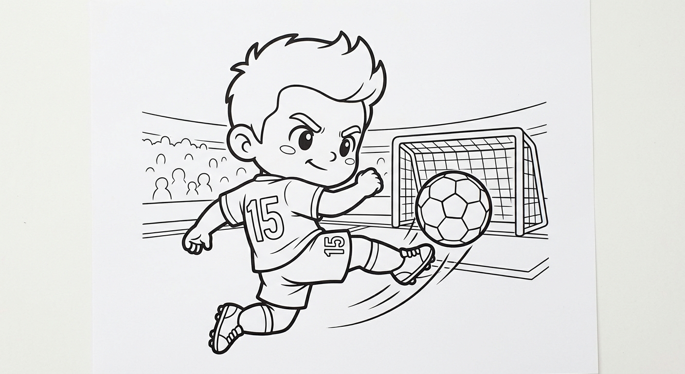Desenho para colorir do zagueiro Leo chutando forte ao gol em pose heroica para pintar