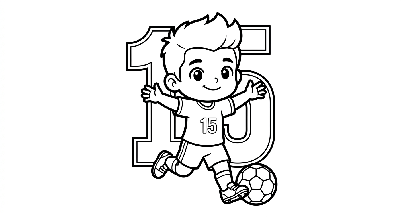 Desenho para colorir do zagueiro Leo Pereira correndo de braços abertos com bola, estrelas e número gigante