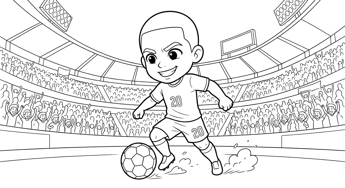 Desenho para colorir do meia Lucas Paquetá driblando com finta em pose heroica no estádio lotado para pintar