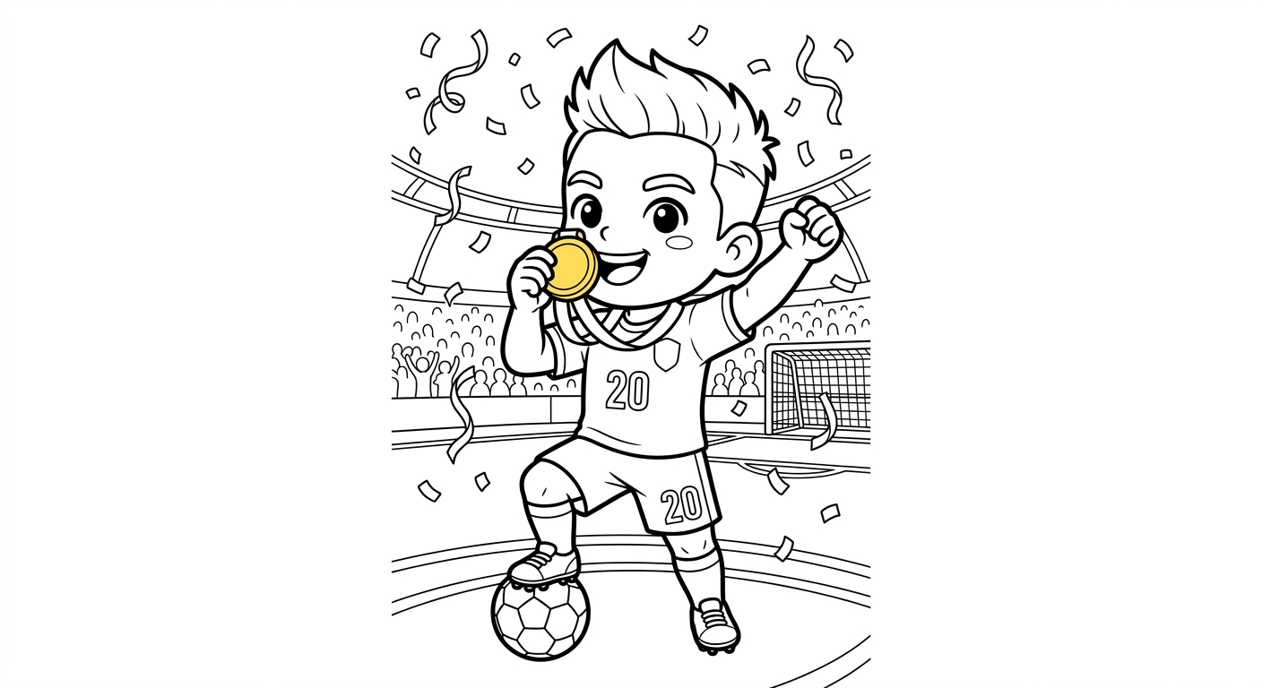 Desenho para colorir do meia Lucas Paquetá beijando medalha sob chuva de confete para pintar