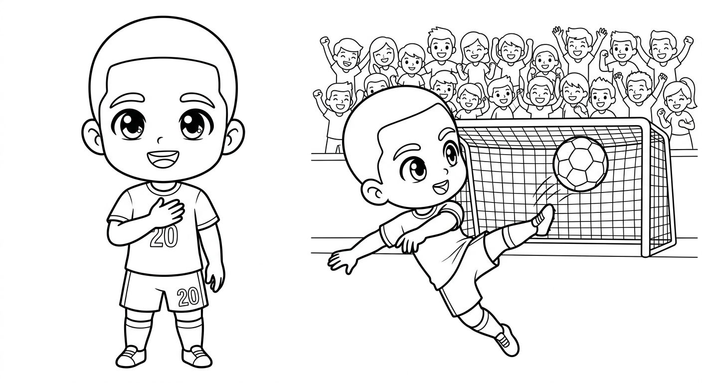 Desenho para colorir do meia Lucas Paqueta batendo pênalti em salto, com torcida ao fundo