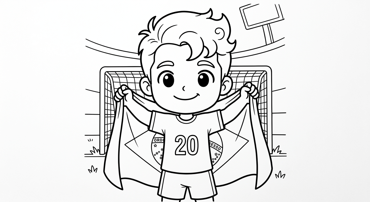 Desenho para colorir do meia Lucas Paquetá segurando a bandeira do Brasil diante do gol para pintar