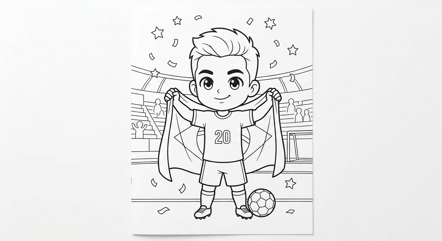 Desenho para colorir do meia Lucas Paqueta segurando a bandeira do Brasil sob chuva de confete para pintar