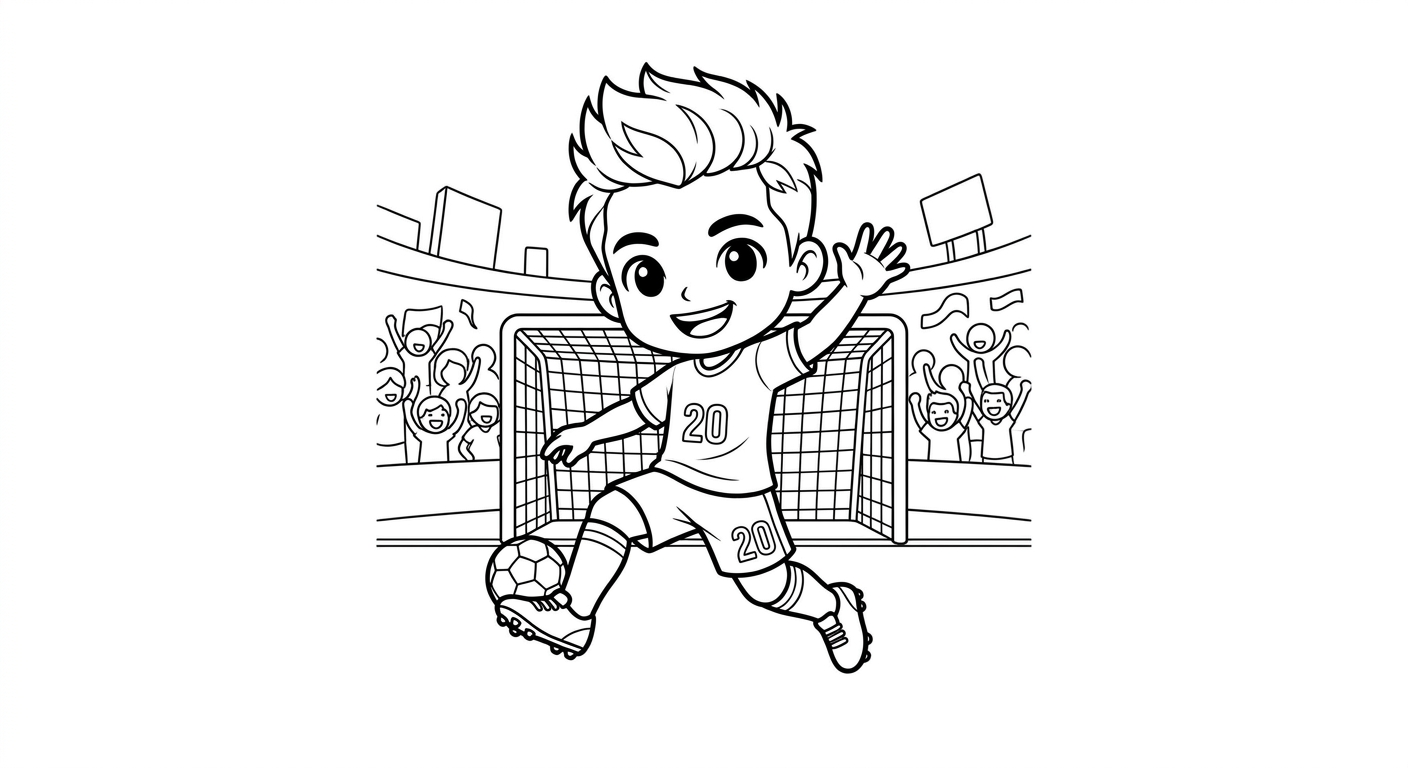 Desenho para colorir do meia Lucas acenando para a torcida em salto diante do gol para pintar