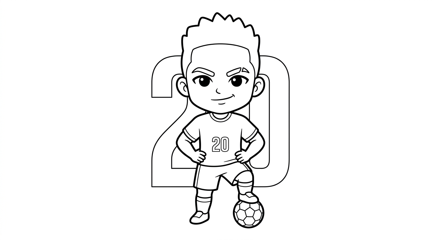 Desenho para colorir do meia Lucas Paquetá em apresentação com número da camisa ao fundo para pintar