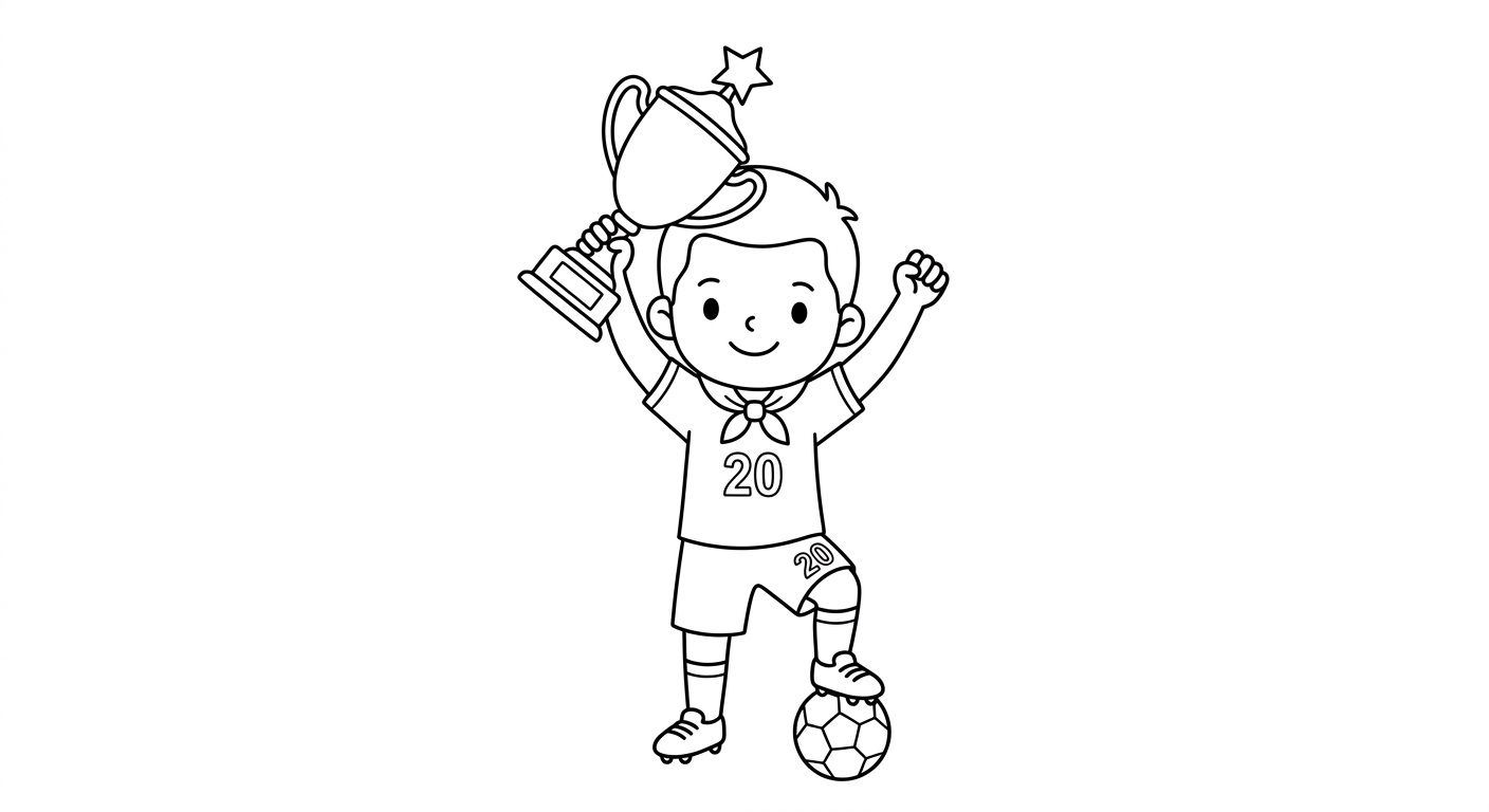 Desenho para colorir do meia Lucas Paquetá erguendo troféu isolado e centralizado para pintar