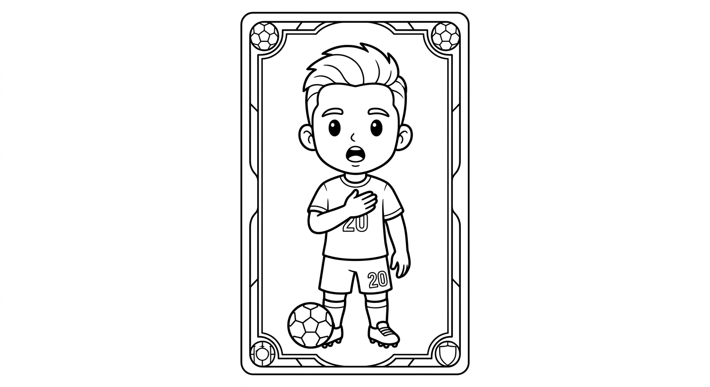 Desenho para colorir do meia Lucas cantando o hino com mão no peito em card colecionável para pintar