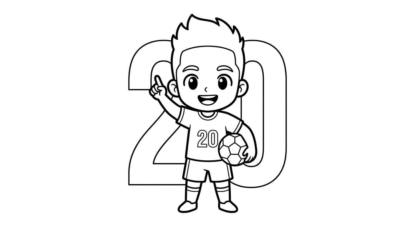Desenho para colorir do meia Lucas comemorando apontando para o céu com número grande ao fundo para pintar