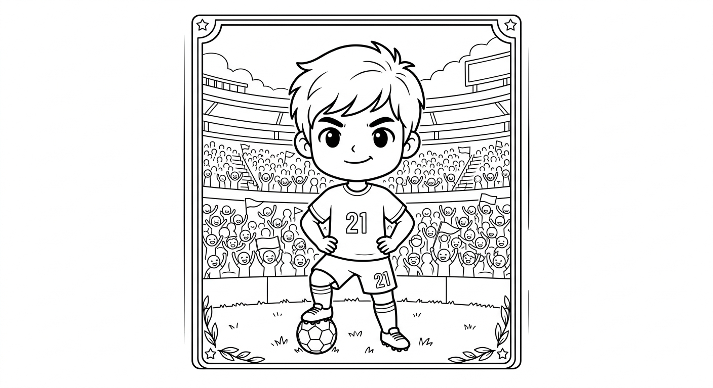 Desenho para colorir do atacante Luiz Henrique em pose oficial no estádio lotado, estilo card para imprimir