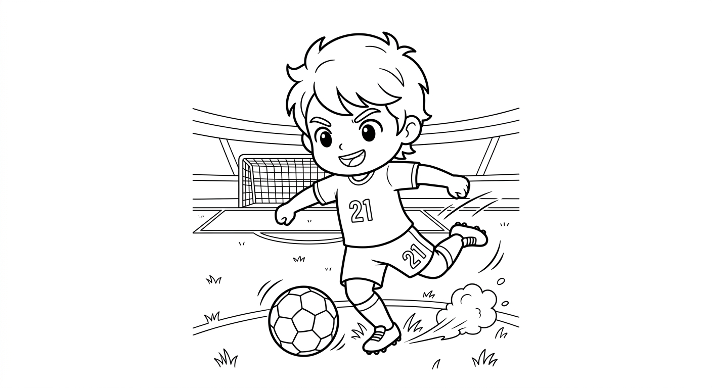 Desenho para colorir do atacante Luiz Henrique chutando forte em salto no gramado do estádio para pintar
