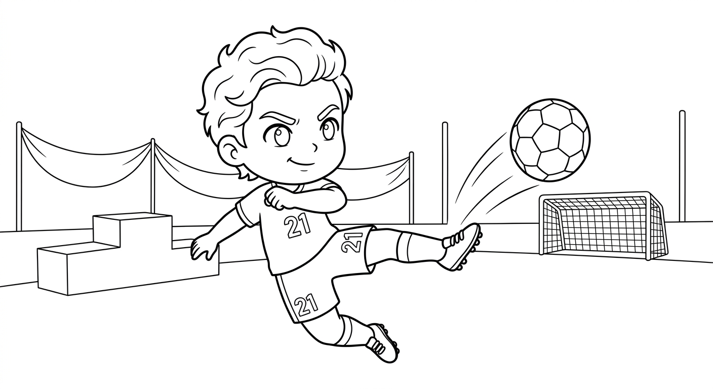 Desenho para colorir do atacante Luiz Henrique chutando ao gol em salto no pódio para pintar