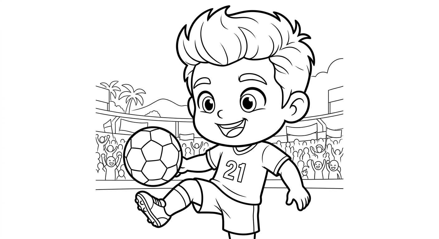 Desenho para colorir do atacante Luiz Henrique fazendo embaixadinhas em close no estádio lotado para pintar
