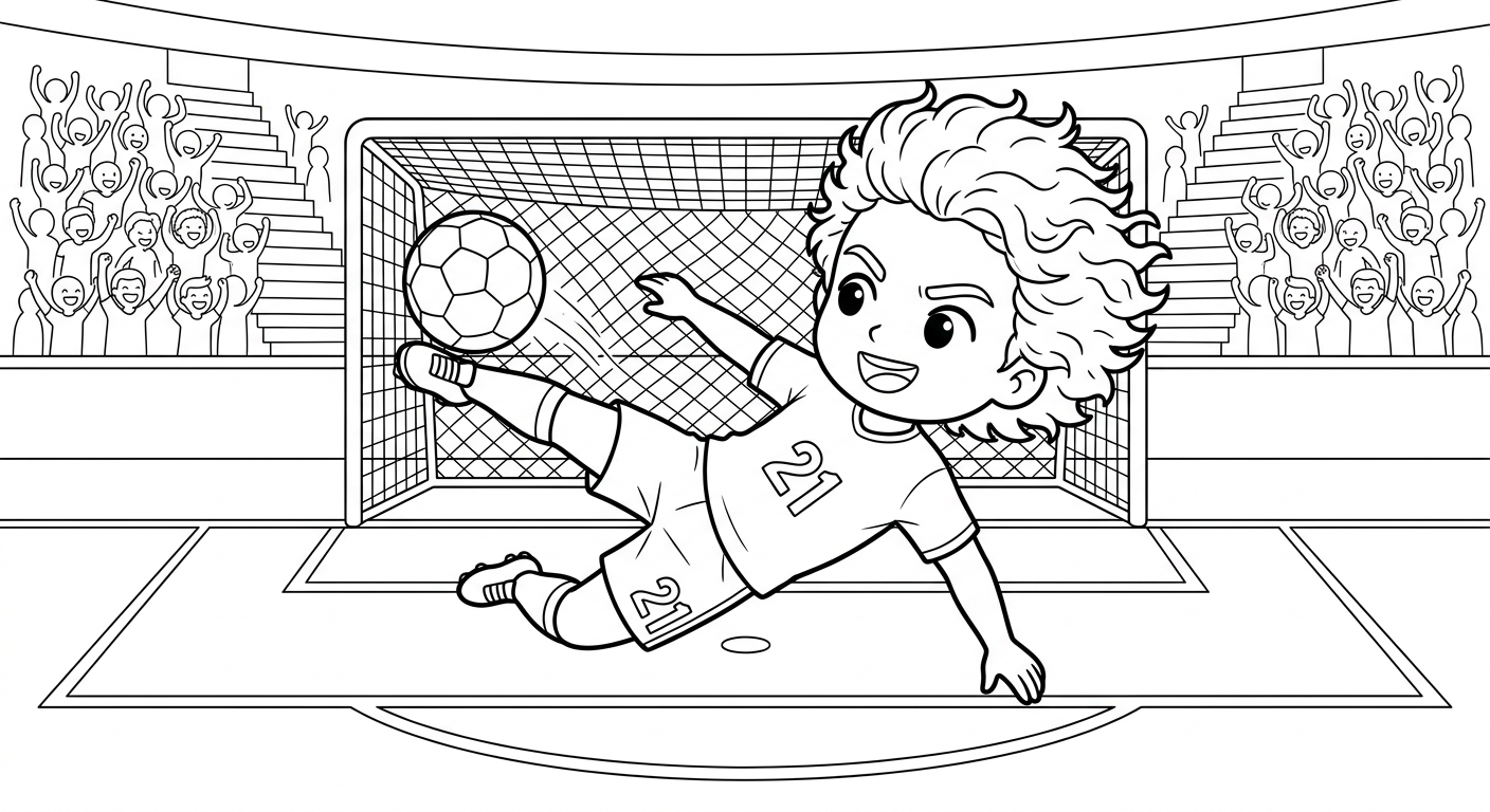 Desenho para colorir do atacante Luiz Henrique em bicicleta acrobática batendo pênalti com torcida ao fundo para pintar