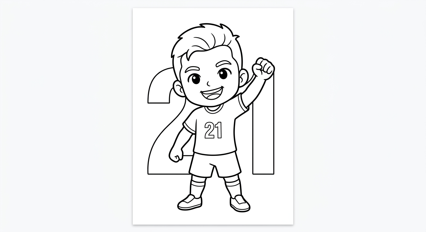 Desenho para colorir do atacante Luiz Henrique comemorando com soco no ar, bola, estrelas e número ao fundo