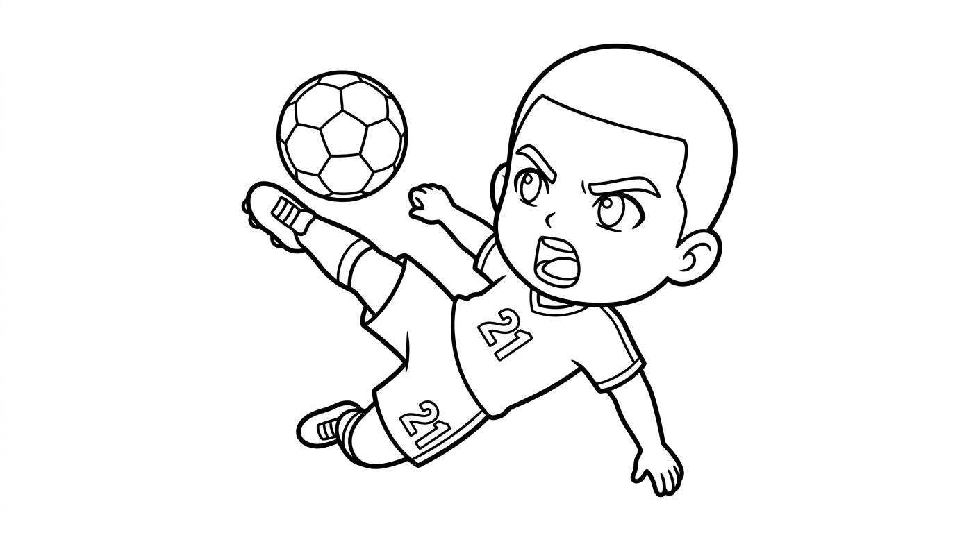 Desenho para colorir do atacante Luiz Henrique em bicicleta acrobática com bola e estrelas para pintar