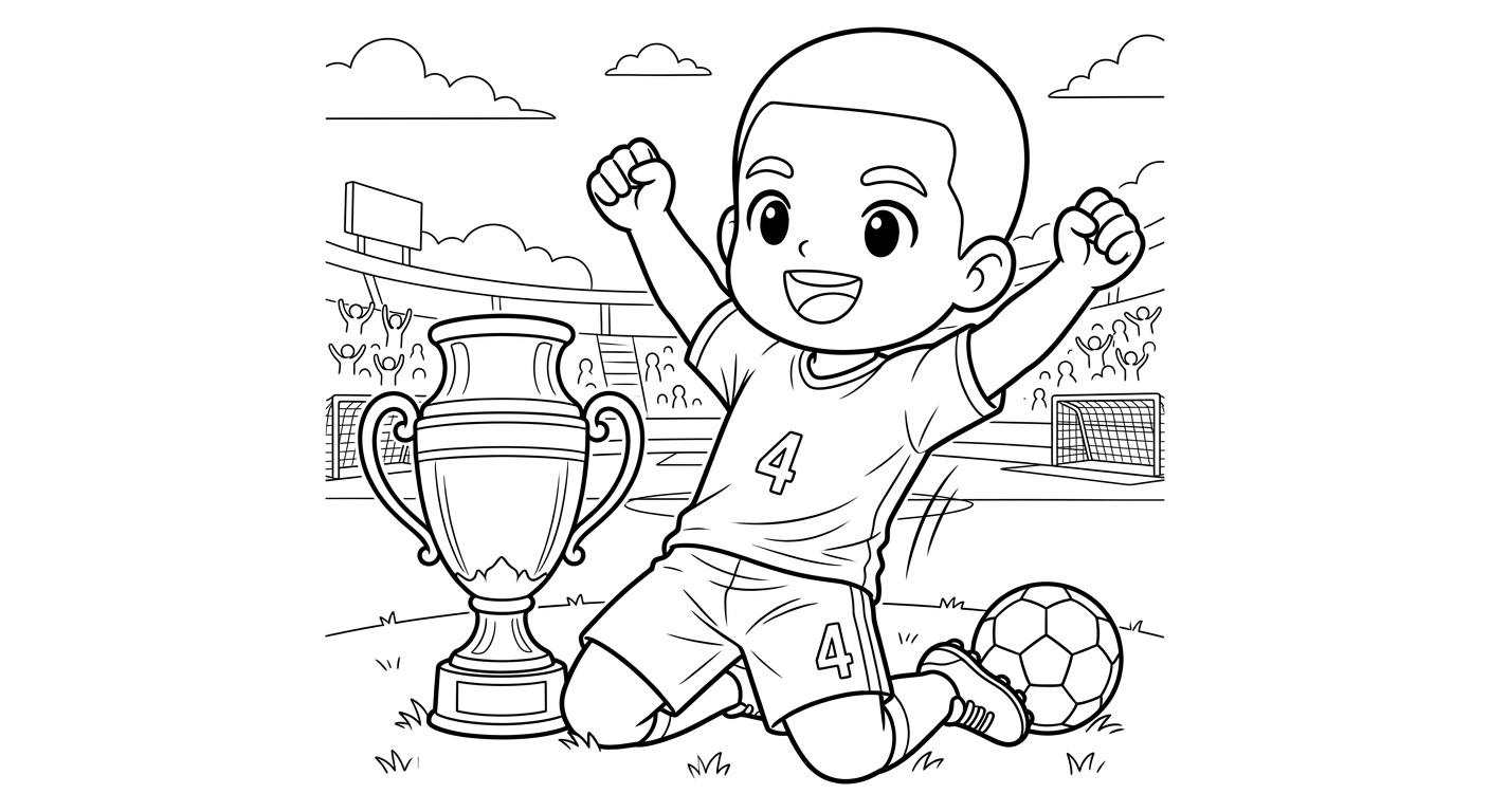 Desenho para colorir do zagueiro Marquinhos deslizando de joelhos com troféu da copa ao lado para imprimir