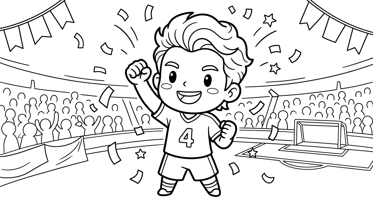 Desenho para colorir do zagueiro Marquinhos em close comemorando com soco no ar entre confetes para pintar