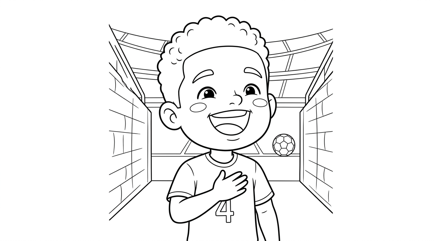Desenho para colorir do zagueiro Marquinhos cantando hino, mão no peito, no túnel do estádio para pintar