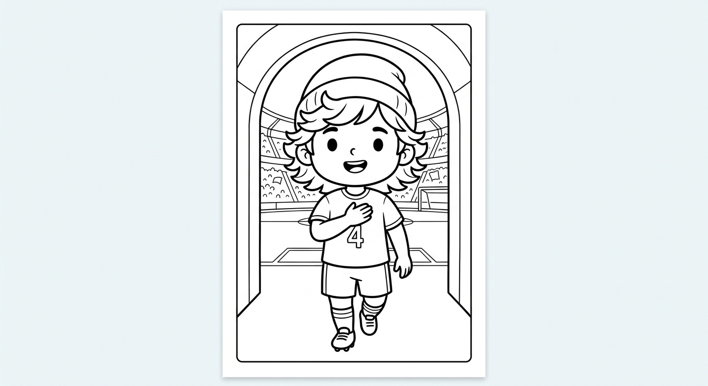 Desenho para colorir do zagueiro Marquinhos em close cantando o hino no túnel, mão no peito para pintar