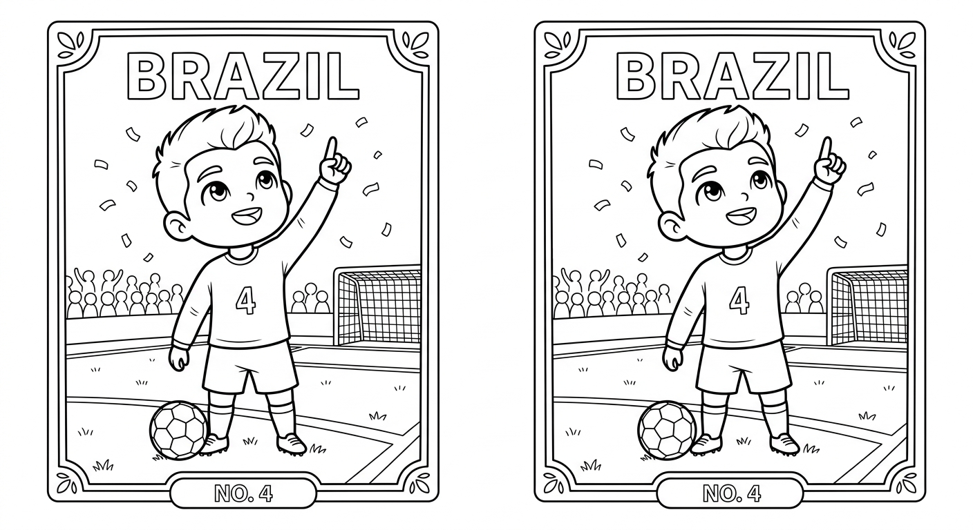 Desenho para colorir do zagueiro Marquinhos em card colecionável apontando ao céu sob chuva de confete