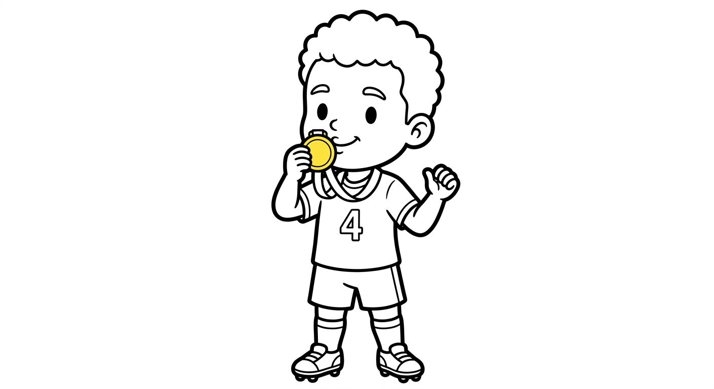 Desenho para colorir do zagueiro Marquinhos beijando medalha de campeão em corpo inteiro centralizado para pintar