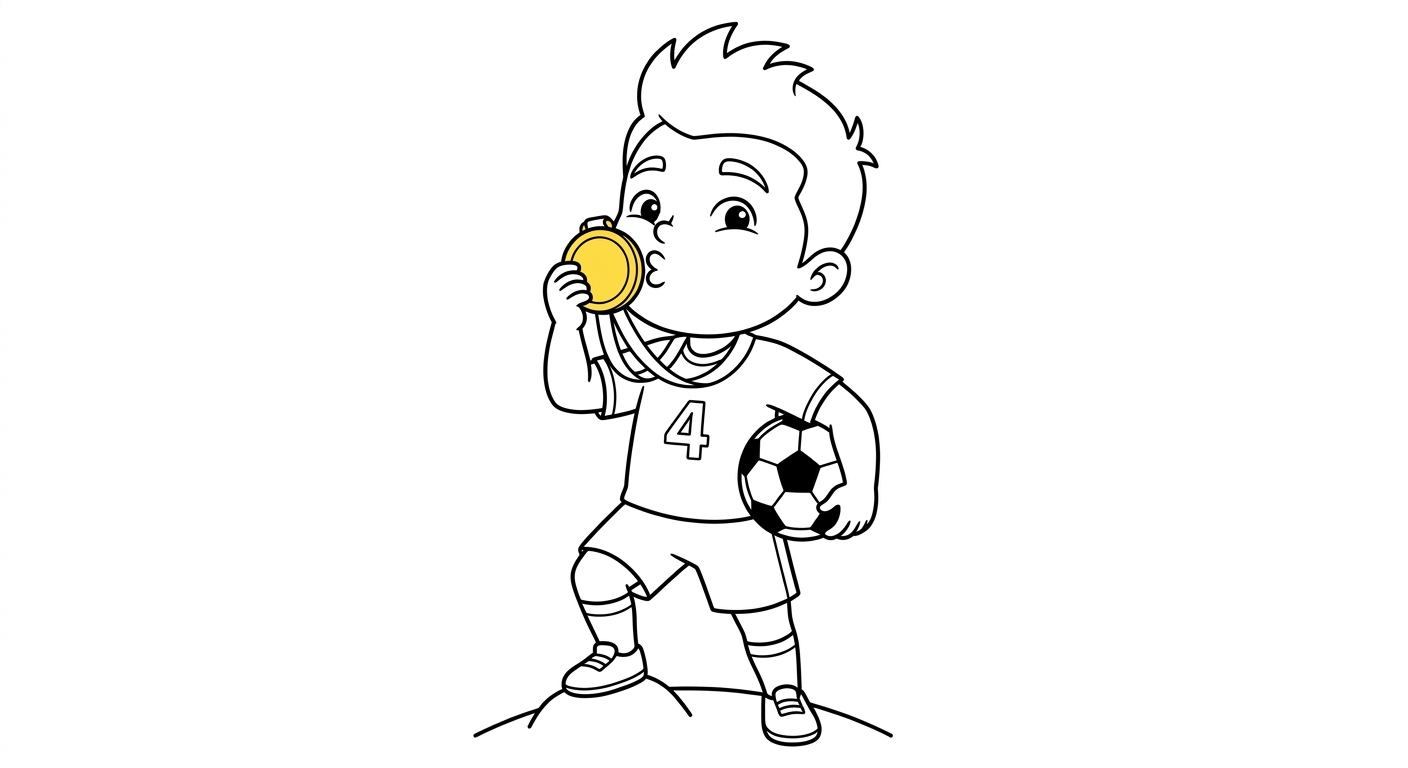Desenho para colorir do zagueiro Marquinhos beijando medalha em pose heroica, com bola e estrelas para pintar
