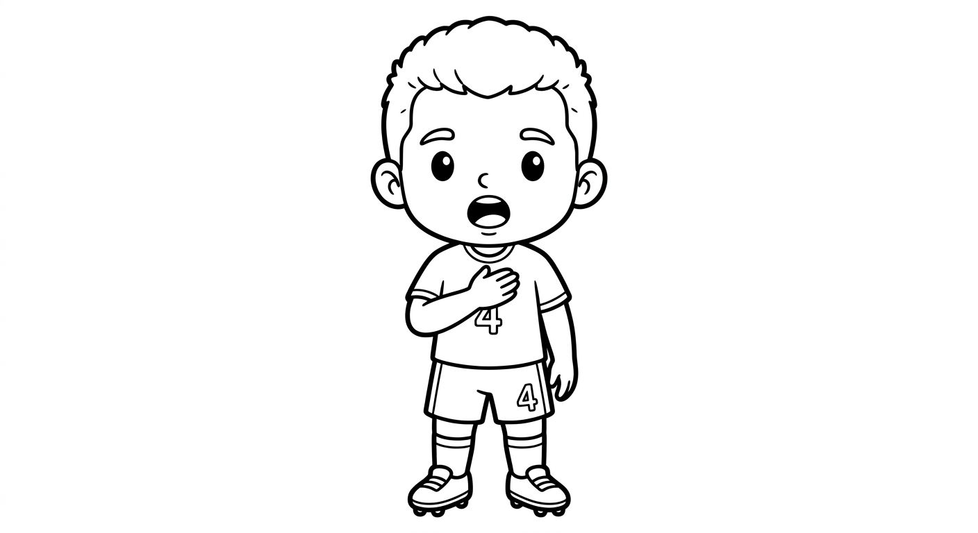 Desenho para colorir do zagueiro Marquinhos cantando o hino com a mão no peito para pintar