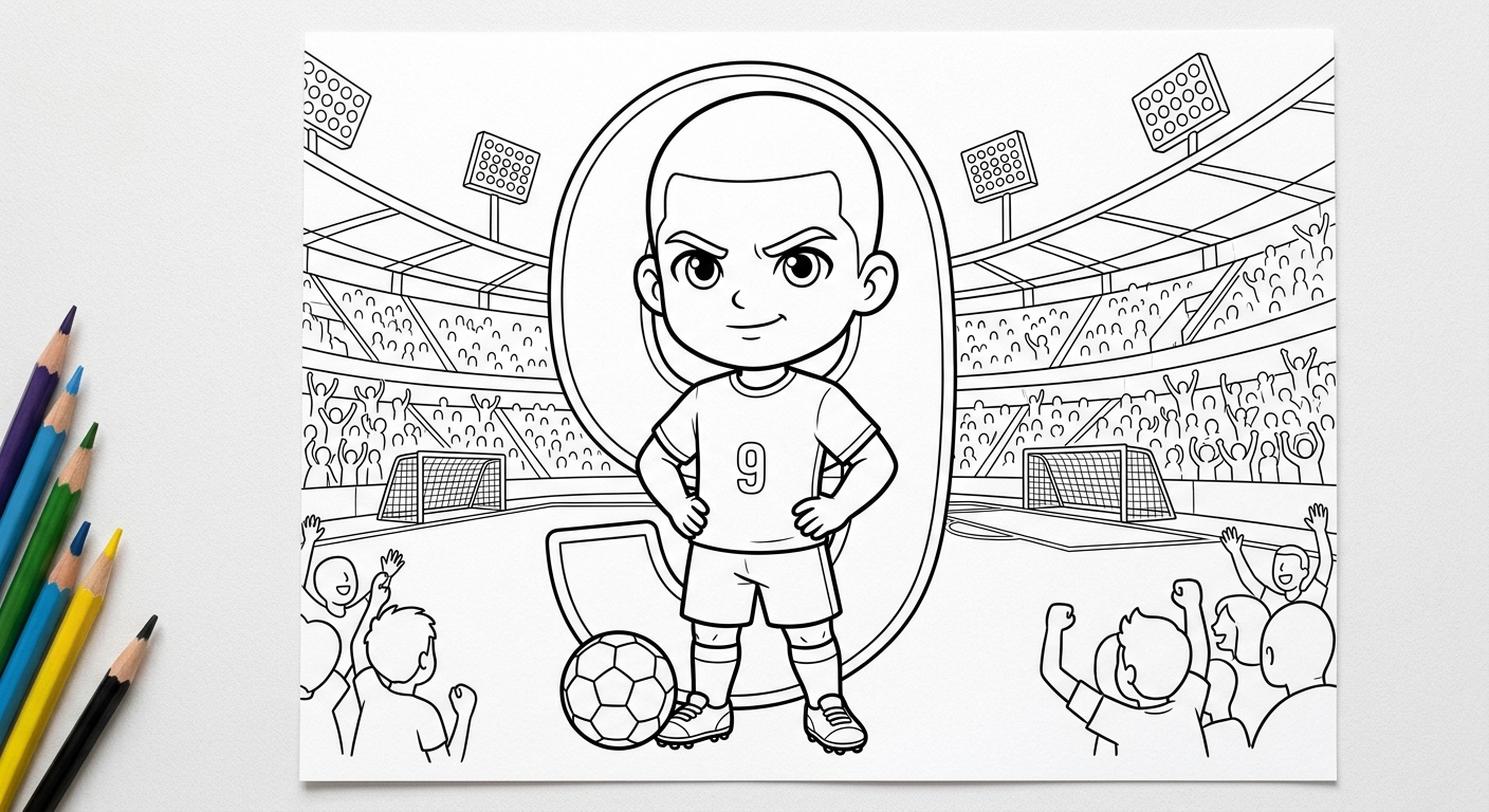 Desenho para colorir do atacante Matheus Cunha apresentado no estádio lotado, com número gigante atrás