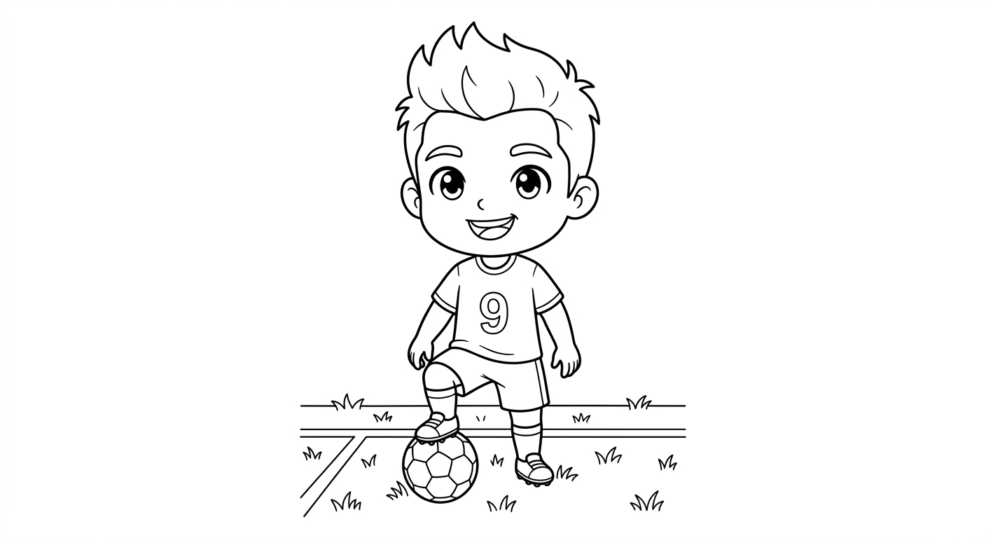 Desenho para colorir do atacante Matheus Cunha com bola sob o pé no gramado do estádio para pintar