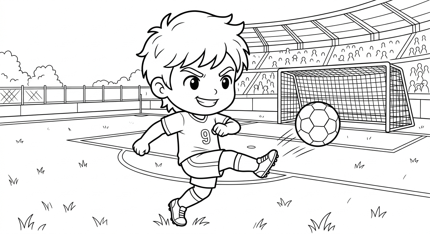 Desenho para colorir do atacante Matheus Cunha chutando forte a gol no gramado do estádio