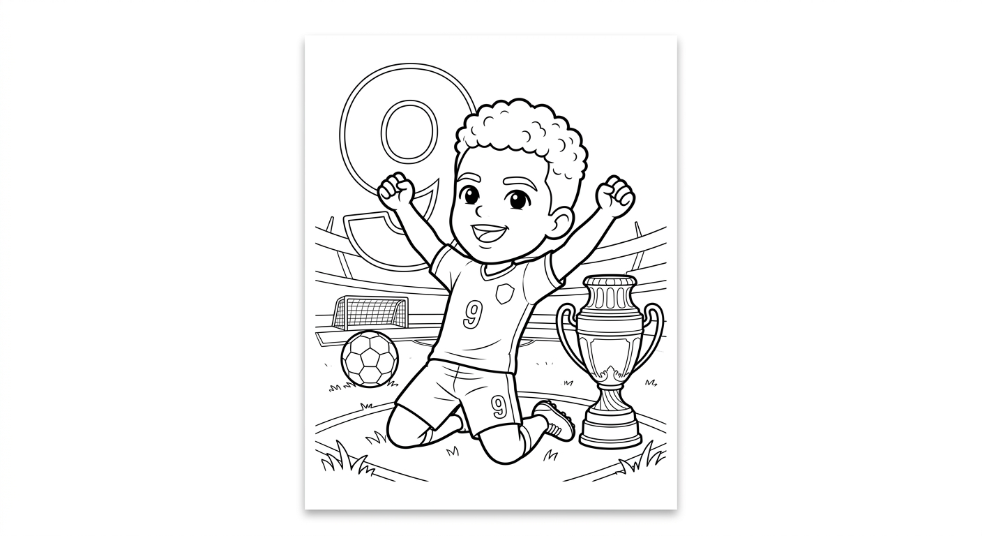 Desenho para colorir do atacante Matheus deslizando de joelhos, troféu ao lado e número atrás