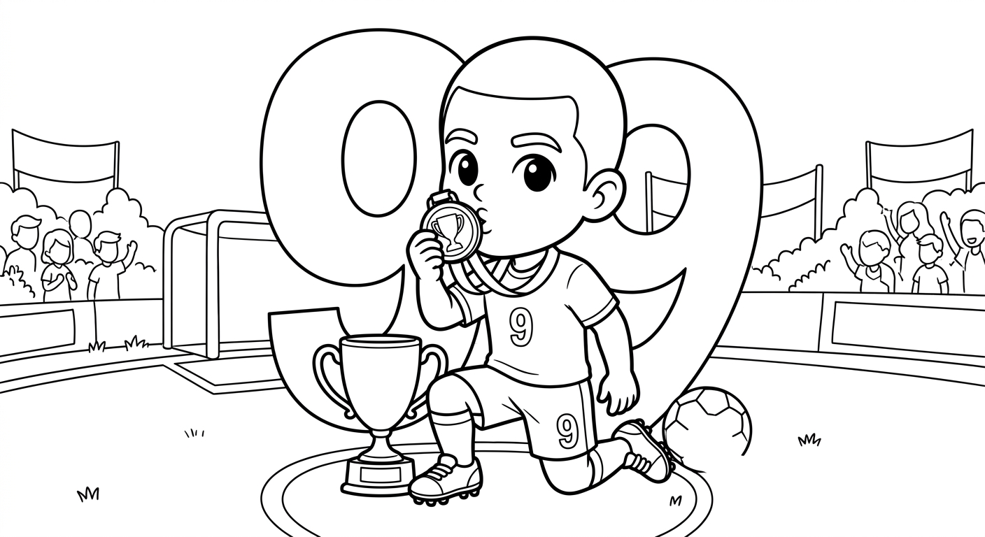 Desenho para colorir do atacante Matheus Cunha beijando medalha, com troféu e número ao fundo para pintar