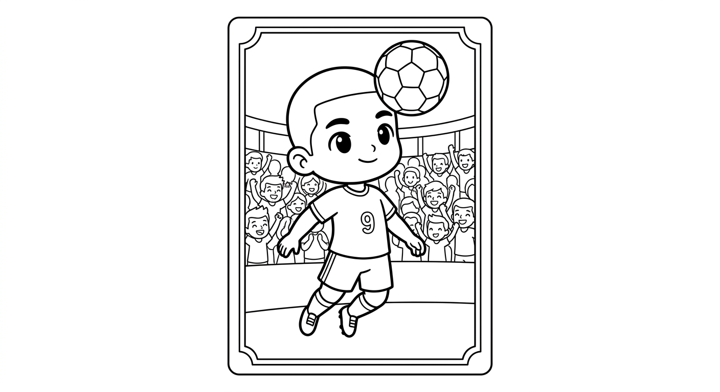 Desenho para colorir do atacante Matheus Cunha cabeceando alto em card no estádio lotado