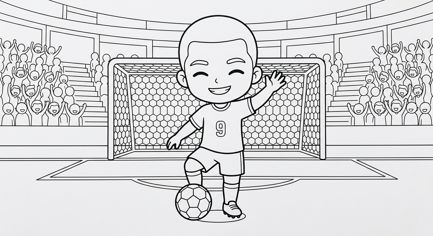 Desenho para colorir do atacante Matheus Cunha acenando antes do pênalti, com torcida ao fundo, para pintar