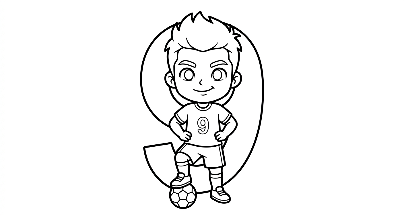 Desenho para colorir do atacante Matheus Cunha em apresentação oficial com número grande ao fundo para pintar
