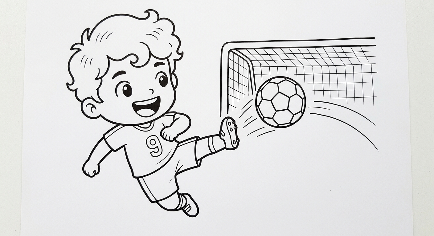 Desenho para colorir do atacante Matheus Cunha chutando forte a gol com bola e estrelas decorativas para pintar