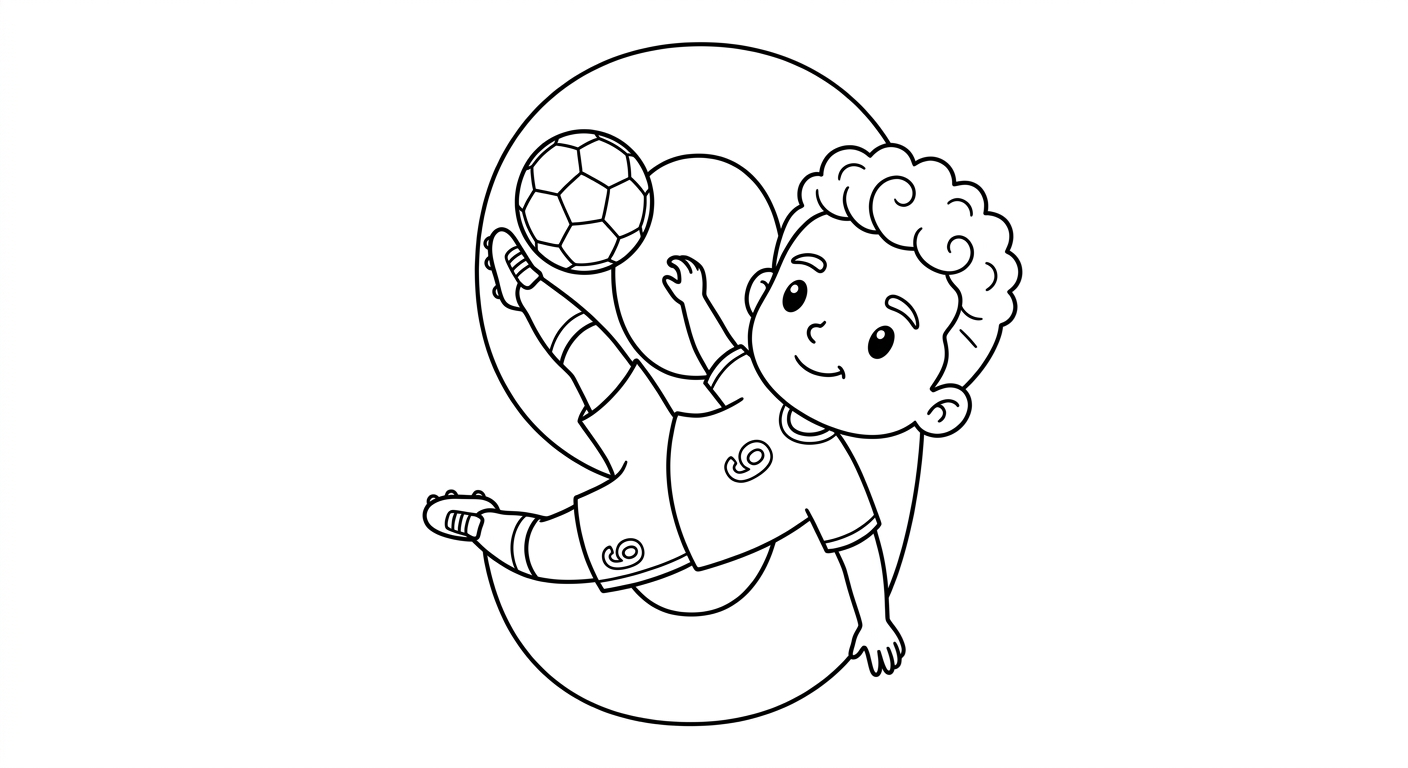 Desenho para colorir do atacante Matheus Cunha em bicicleta acrobática com número grande ao fundo para pintar