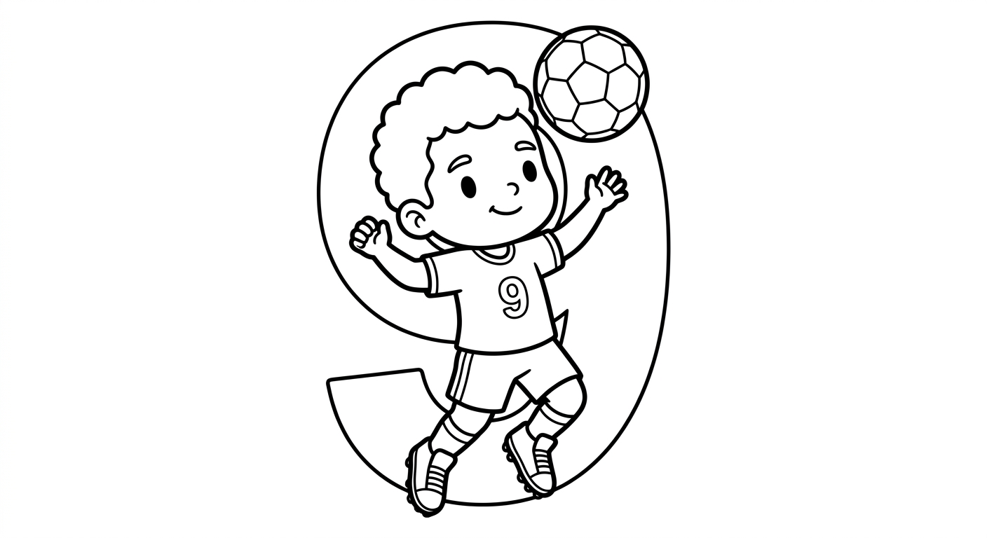 Desenho para colorir do atacante Matheus Cunha cabeceando a bola no alto com número ao fundo
