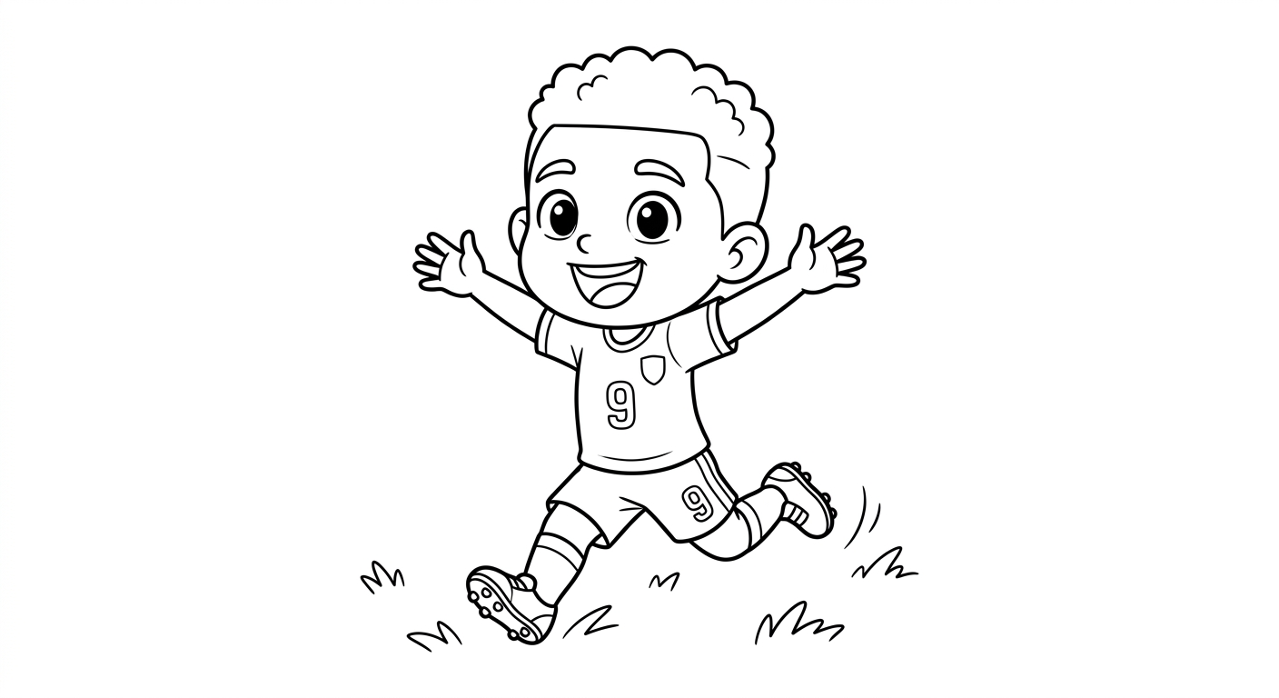 Desenho para colorir do atacante Matheus Cunha comemorando em salto, braços abertos, com bola e estrelas para pintar