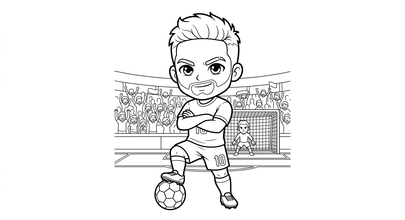 Desenho para colorir do atacante Neymar de braços cruzados antes do pênalti, torcida ao fundo