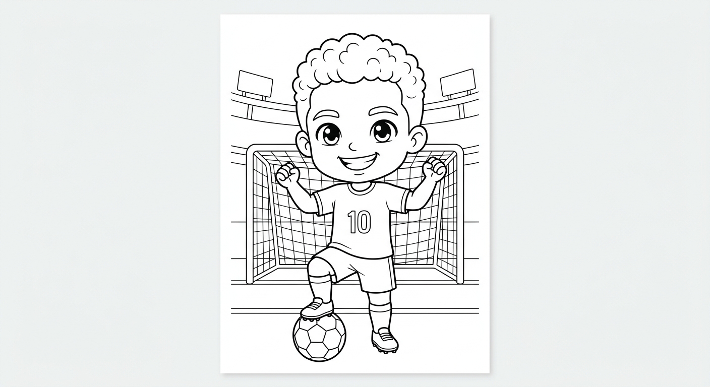 Desenho para colorir do atacante Neymar com a bola sob o pé em frente ao gol para pintar