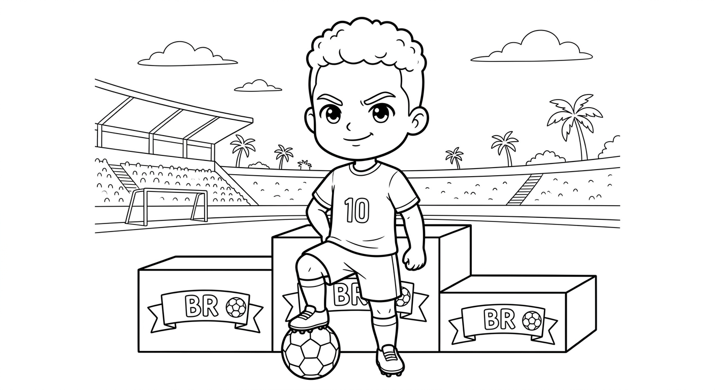 Desenho para colorir do atacante Neymar em pose heroica com bola sob o pé no pódio de premiação