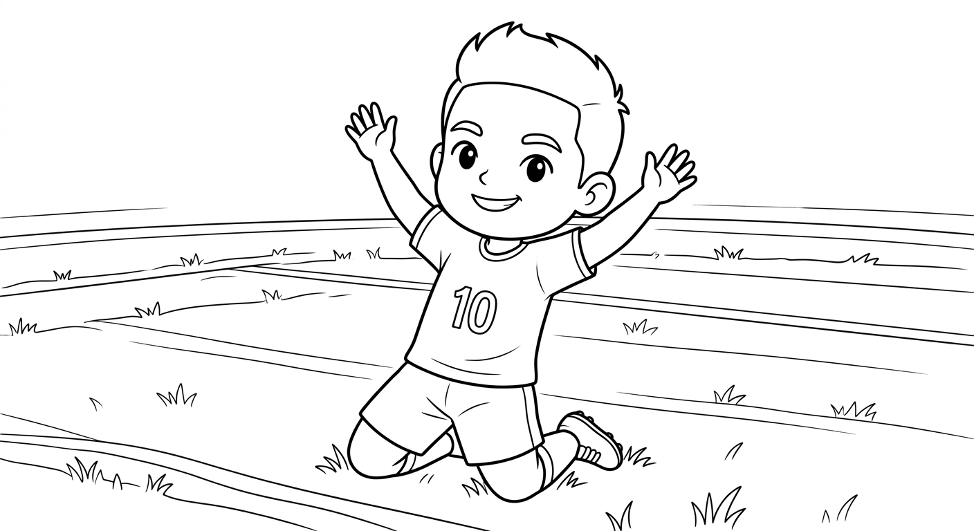 Desenho para colorir do atacante Neymar em close deslizando de joelhos no gramado do estádio para pintar