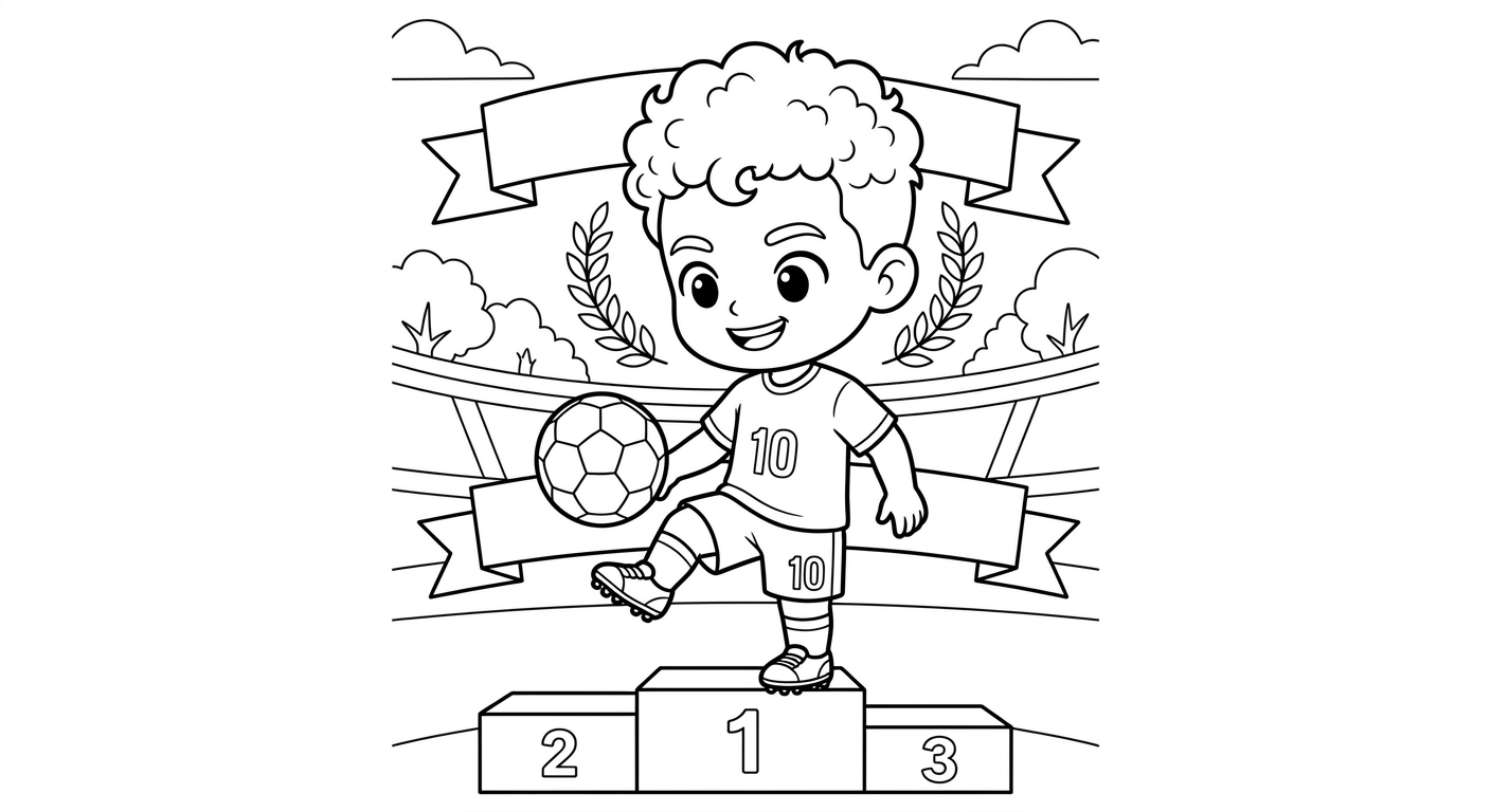 Desenho para colorir do atacante Neymar fazendo embaixadinhas no pódio de premiação para pintar