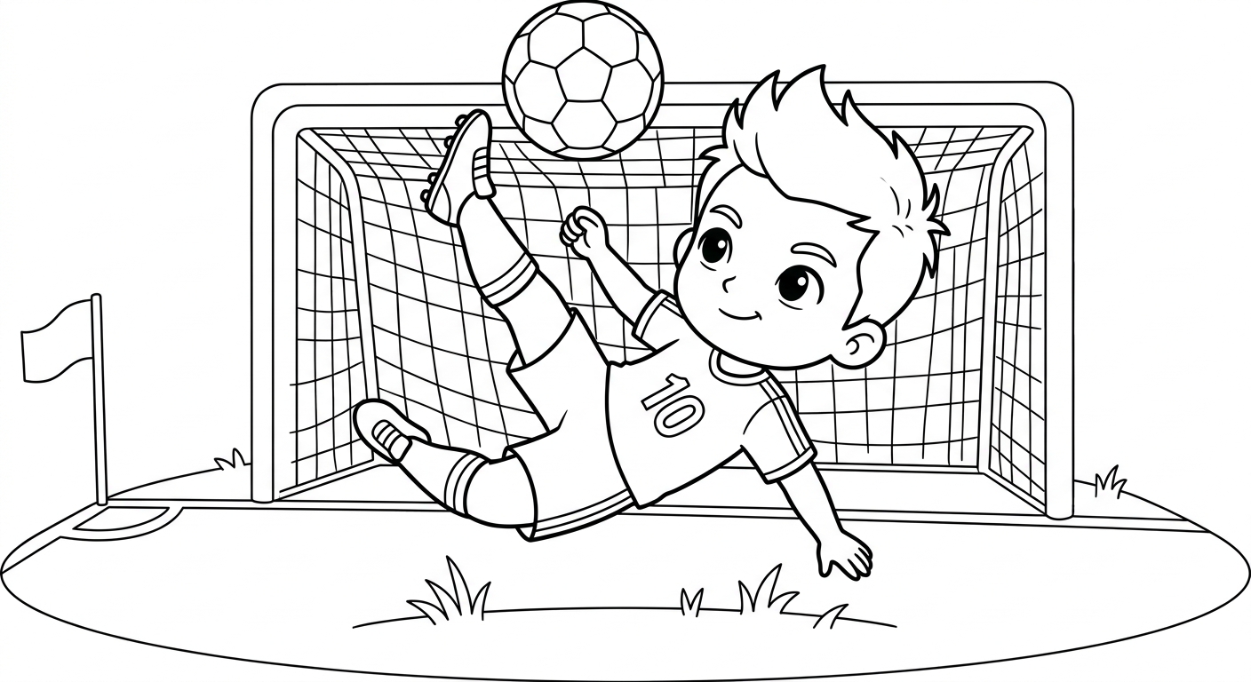 Desenho para colorir do atacante Neymar de bicicleta acrobática em frente ao gol para pintar