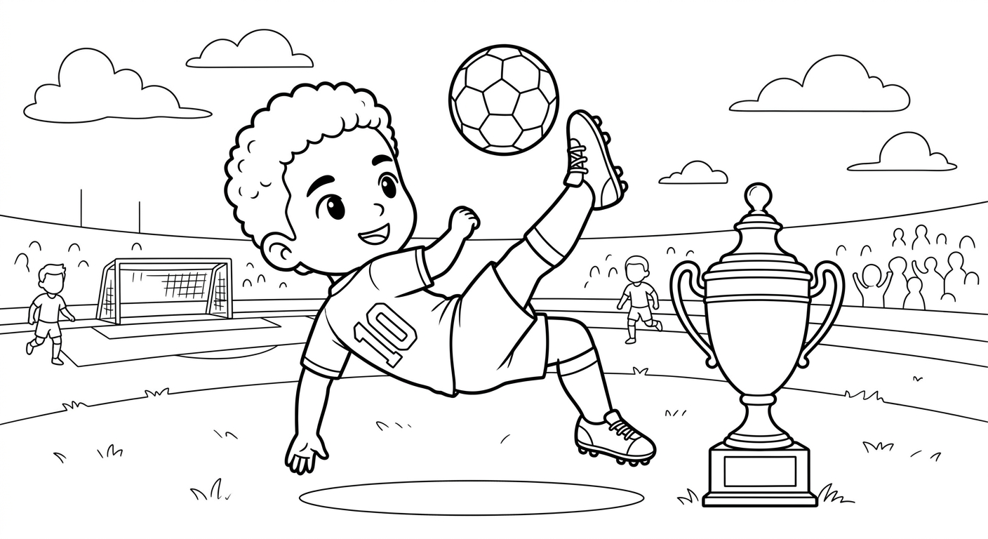 Desenho para colorir do atacante Neymar em bicicleta acrobática com troféu da Copa ao lado para pintar