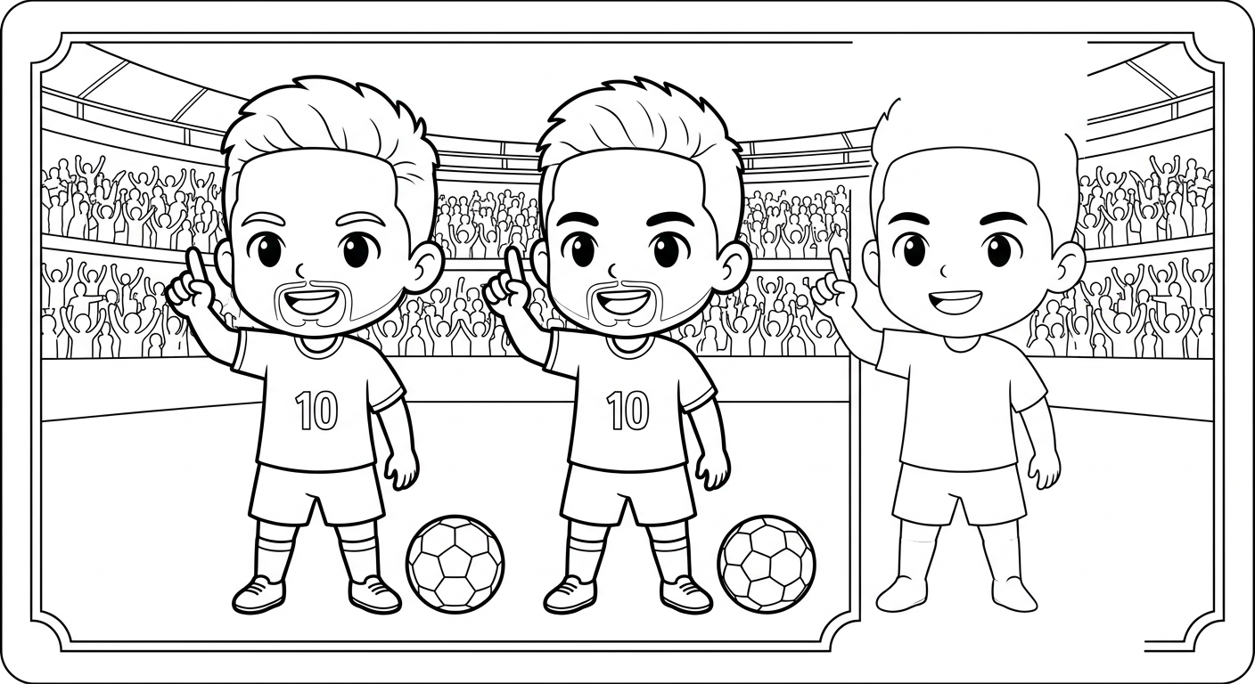 Desenho para colorir do atacante Neymar apontando para o céu em card colecionável no estádio lotado para imprimir