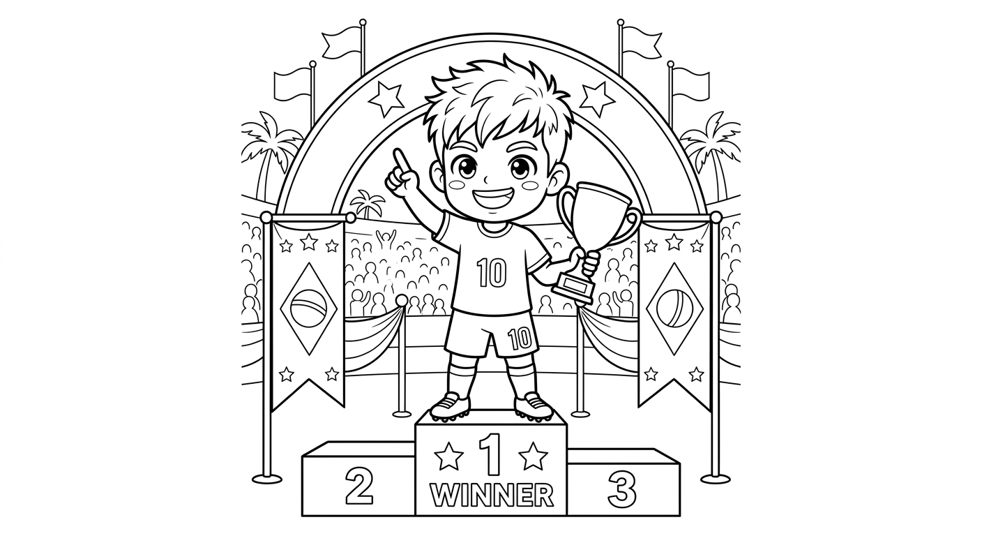 Desenho para colorir do atacante Neymar apontando ao céu em pose heroica no pódio da premiação para pintar